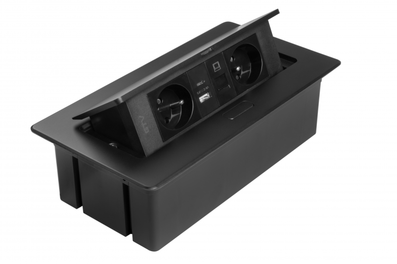 MULTISOFT Pohistvena vtičnica 2x vtičnica z ozemljitvijo, USB A+C, RJ45, napajalni kabel z vtičem, črna