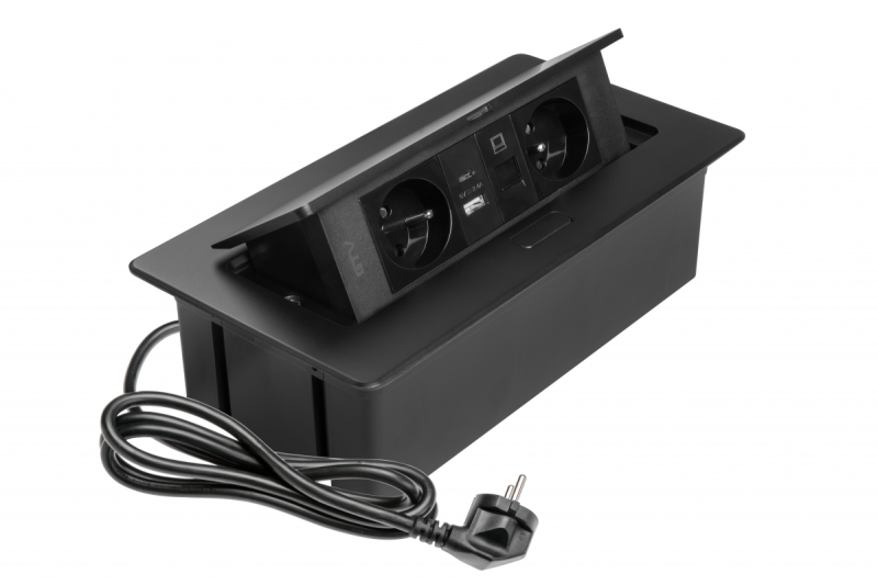 MULTISOFT Pohistvena vtičnica 2x vtičnica z ozemljitvijo, USB A+C, RJ45, napajalni kabel z vtičem, črna