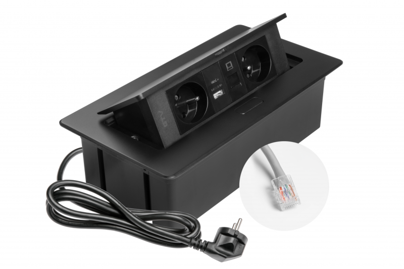 MULTISOFT Pohistvena vtičnica 2x vtičnica z ozemljitvijo, USB A+C, RJ45, napajalni kabel z vtičem, črna