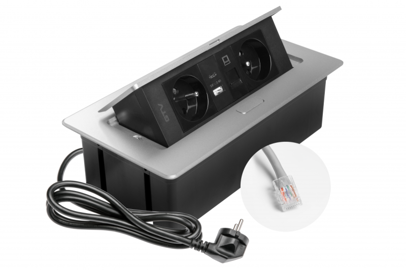 MULTISOFT Vtičnica za pohištvo 2x vtičnica z ozemljitvijo, USB A+C, RJ45, napajalni kabel s priključkom, aluminij