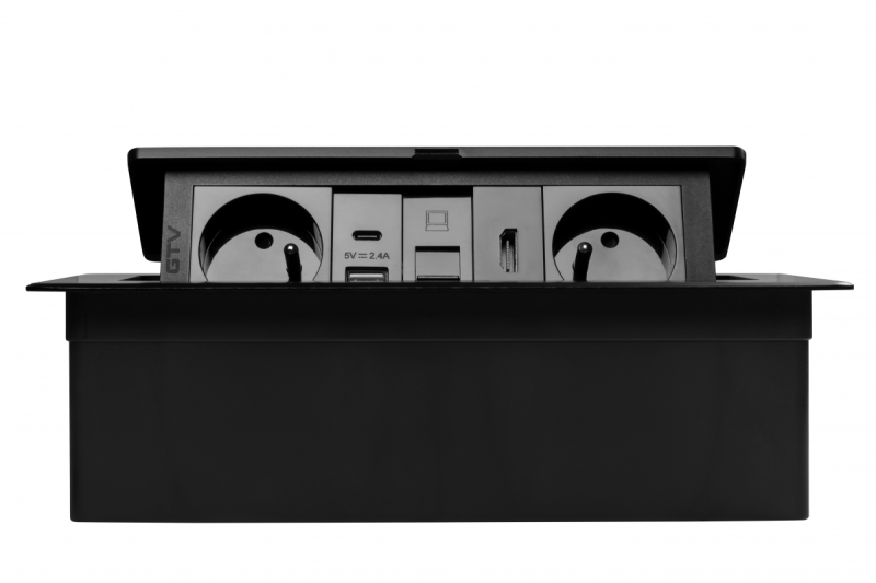 Pohištvena vtičnica MULTISOFT, 2xSHUKO, USB A+C, RJ45, HDMI kabel 1,5 m, črna