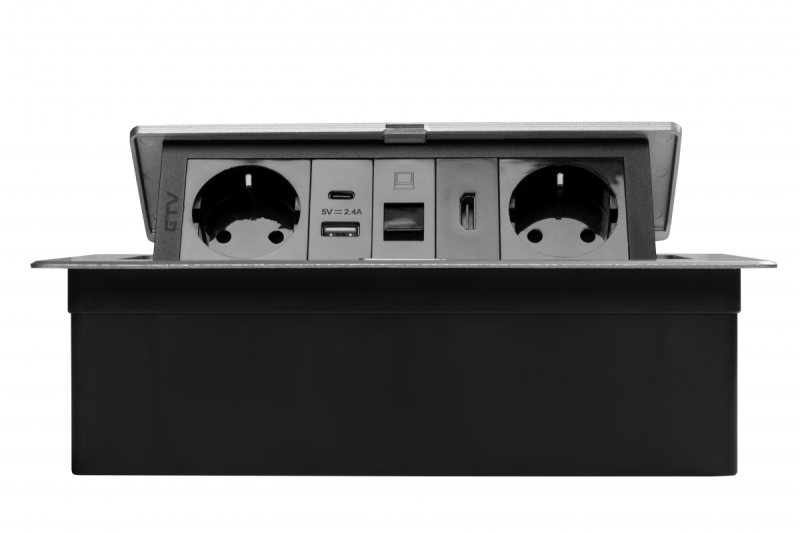 Pohištvena vtičnica MULTISOFT, 2xSHUKO, USB A+C, RJ45, HDMI kabel 1,5 m, aluminij