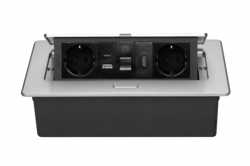 Pohištvena vtičnica MULTISOFT, 2xSHUKO, USB A+C, RJ45, HDMI kabel 1,5 m, aluminij