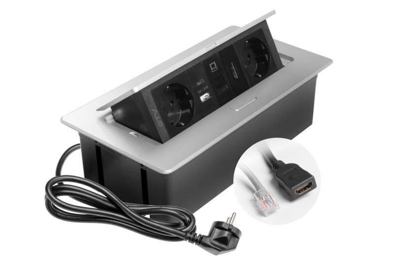 Pohištvena vtičnica MULTISOFT, 2xSHUKO, USB A+C, RJ45, HDMI kabel 1,5 m, aluminij