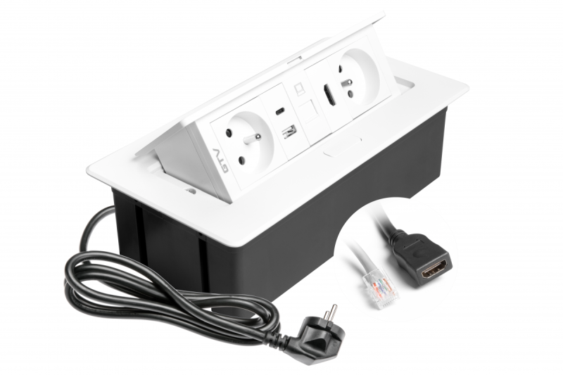 MULTISOFT pohištvena vtičnica 2x vtičnica z ozemljitvijo, USB A+C, RJ45, HDMI, napajalni kabel s priključkom, bela