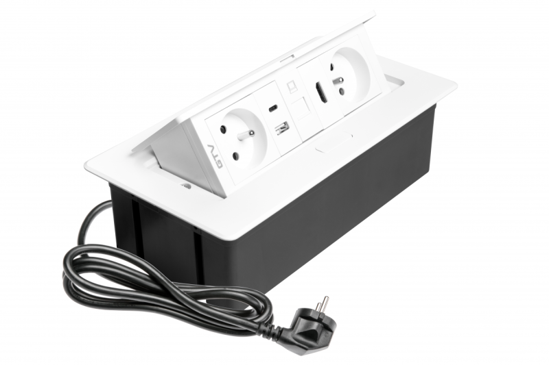 MULTISOFT pohištvena vtičnica 2x vtičnica z ozemljitvijo, USB A+C, RJ45, HDMI, napajalni kabel s priključkom, bela