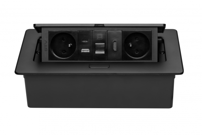 MULTISOFT pohištvena vtičnica 2x vtičnica z ozemljitvijo, USB A+C, RJ45, HDMI, napajalni kabel z vtikačem, črna