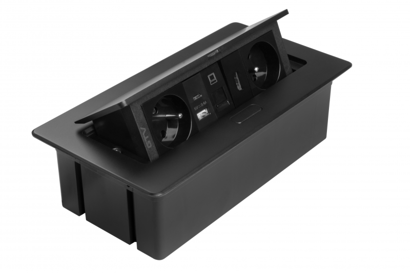 MULTISOFT pohištvena vtičnica 2x vtičnica z ozemljitvijo, USB A+C, RJ45, HDMI, napajalni kabel z vtikačem, črna