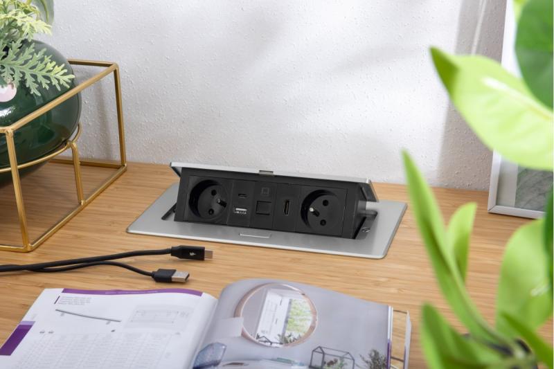 MULTISOFT pohištvena vtičnica 2x vtičnica z ozemljitvijo, USB A+C, RJ45, HDMI, napajalni kabel s priključkom, aluminij