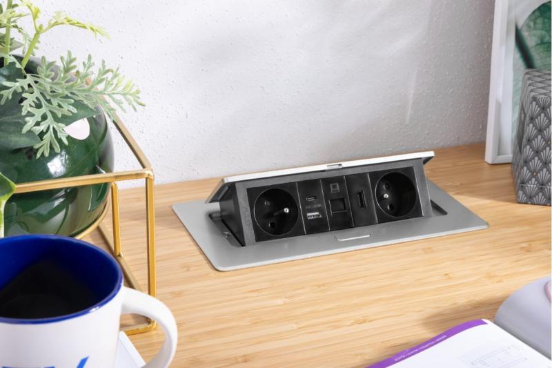 MULTISOFT pohištvena vtičnica 2x vtičnica z ozemljitvijo, USB A+C, RJ45, HDMI, napajalni kabel s priključkom, aluminij