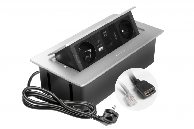 MULTISOFT pohištvena vtičnica 2x vtičnica z ozemljitvijo, USB A+C, RJ45, HDMI, napajalni kabel s priključkom, aluminij