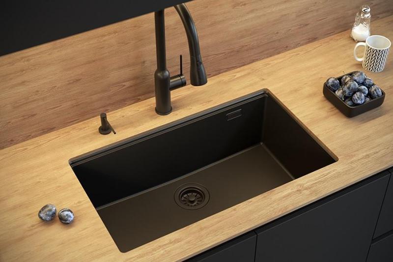 Quadri Newport II veliko in globoko pomivalno korito iz granita za vgradnjo in podgradnjo v bež barvi, velikosti 76x45cm z zlatim čepom 1208971759