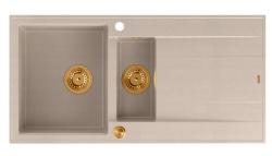 Quadri Luton pearl beige granitni nadgradni umivalnik z 1,5 bazena in odcejalno površino, obrnljiv 100x50cm z bakrenim zamaškom 1208971792