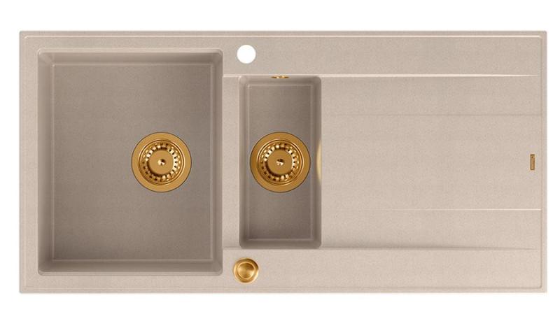 Quadri Luton pearl beige granitni nadgradni umivalnik z 1,5 bazena in odcejalno površino, obrnljiv 100x50cm z bakrenim zamaškom 1208971792