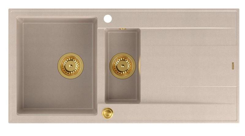 Quadri Luton pearl beige granitni nadgradni 1,5 umivalnik z odcejalnikom, obrnljiv 100x50cm z zlatim čepom 1208971793