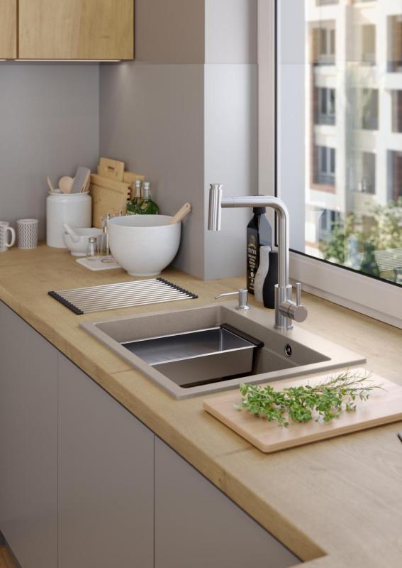 Quadri Durham Pearl Beige granitni nadgradni umivalnik 595x500 z dozirnikom za milo, desko za rezanje, vložno posodo in valjčno podlago 1208971814