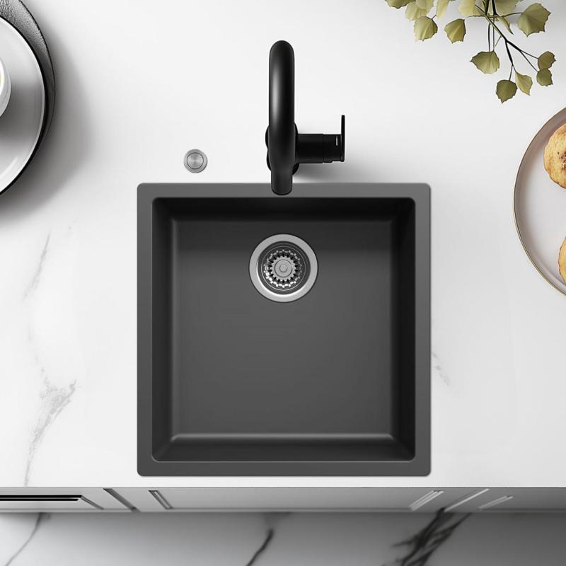 Ausmann Fiber črno pomivalno korito 40x40cm za vgradnjo, nadgradnjo in ravno vgradnjo z avtomatskim RVS čepom 1208971836