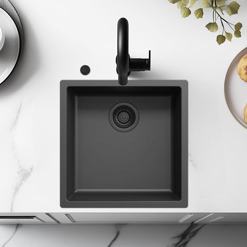 Ausmann Fiber črno pomivalno korito 40x40cm za vgradnjo, nadgradnjo in ravno gradnjo z avtomatskim črnim zamaškom 1208971851