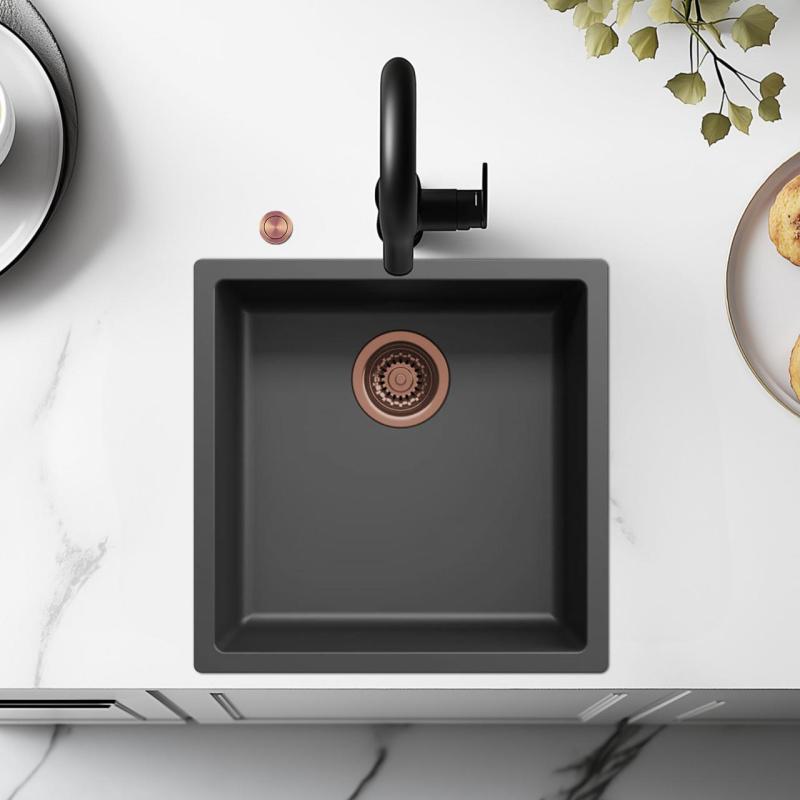 Ausmann Fiber črno korito 40x40cm za podno, nadgradno in vgradno montažo z avtomatskim bakrenim zamaškom 1208971852