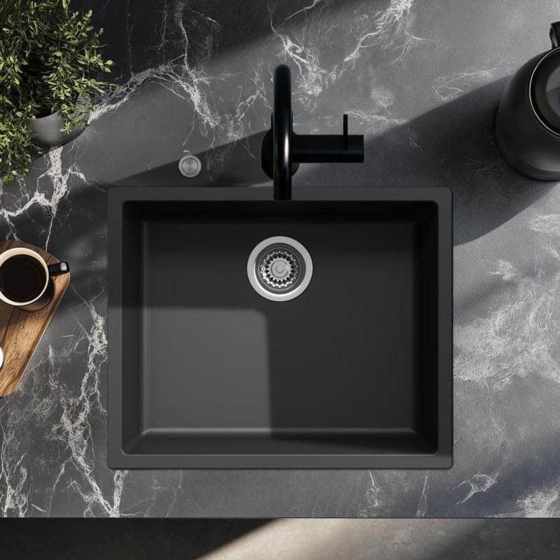 Ausmann Fibre črno pomivalno korito 50x40cm za podpultno, nadpultno in ravno vgradnjo z avtomatskim inox zamaškom 1208971855