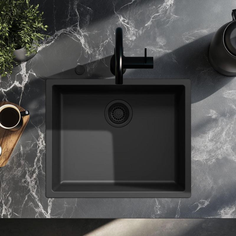 Ausmann Fiber črno pomivalno korito 50x40cm za vgradnjo, nadgradnjo in ravno vgradnjo z avtomatskim črnim čepom 1208971856