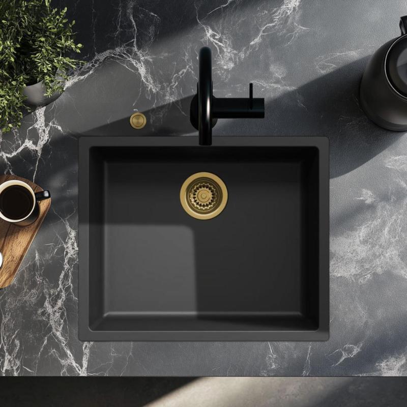 Ausmann Fibre črno pomivalno korito 50x40cm za podpultno, nadpultno in vgradno montažo z avtomatskim zlatim čepom 1208971859