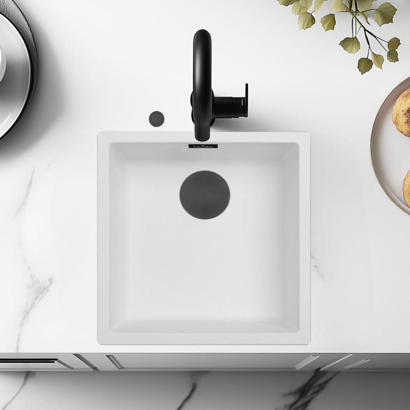 Ausmann Fiber bela umivalnik 40x40cm za podgradnjo, nadgradnjo in vgradnjo s samodejnim črnim zamaškom 1208971892