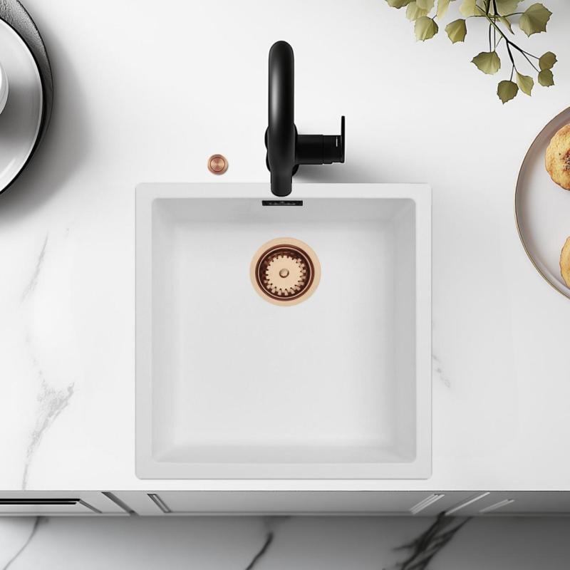 Ausmann Fiber bela umivalnik 40x40cm podgradnja, nadgradnja in ravno vgradnja z avtomatskim bakrenim čepom 1208971893