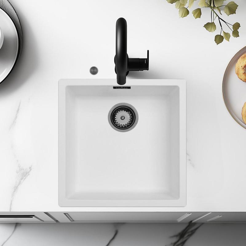 Ausmann Fibre bela pomivalna korita 40x40cm podgradnja, nadgradnja in ravna vgradnja z avtomatskim črnim kovinskim zamaškom 1208971895
