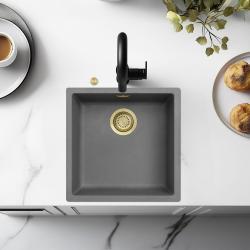 Ausmann Fibre betonsko sivo pomivalno korito 40x40cm za podgradnjo, nadgradnjo in vgradnjo v ravno površino z avtomatskim zlatim čepom 1208971913