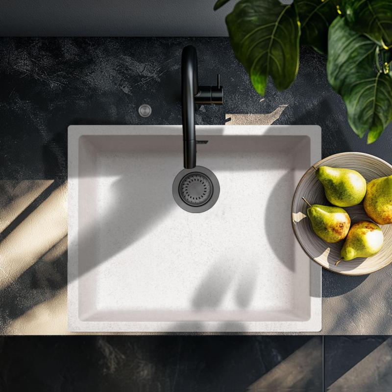 Ausmann Fibre bela peskalna pomivalna korita 50x40cm podgradna, nadgradna in ravno vgrajena z avtomatskim čepom iz sive kovine 1208971934