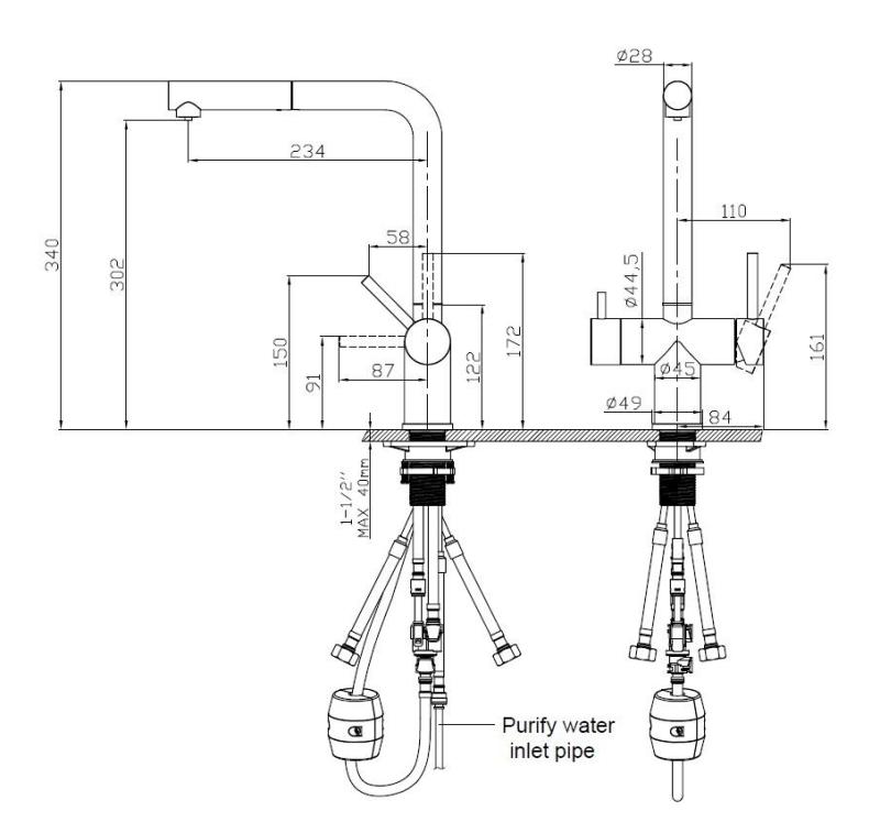 Pure.Sink Elite Steel Clear-S PVD brušeno zlato 3-potna kuhinjska pipa z izvlečnim izlivom in filtrirano vodo PS8120-60