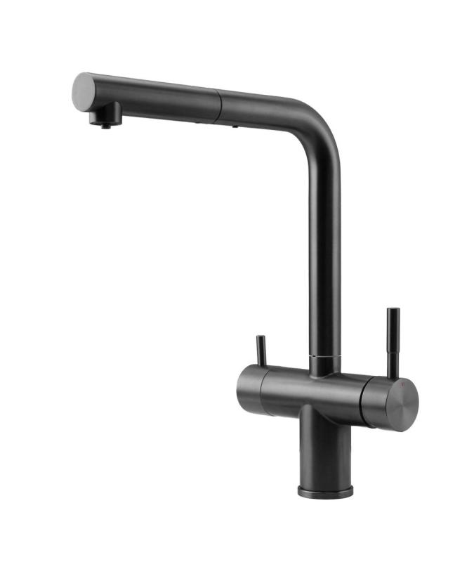 Pure.Sink Elite Steel Clear-S PVD gun metal 3-smerna kuhinjska pipa s prilagodljivim izlivom in filtrirano vodo PS8120-61