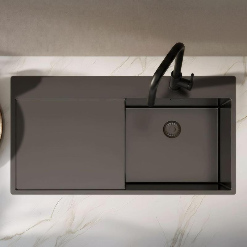 Pure.Sink Exclusivo Gun metal pomivalno korito z odkapnim delom 100x52 cm Tapwing desno PEX47100RT-61