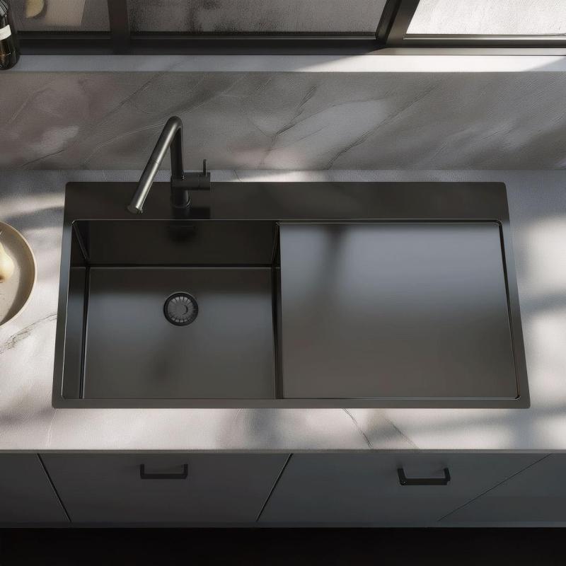 Pure.Sink Exclusivo Gun metal pomivalno korito z odkapnim delom 100x52 cm Tapwing levo PEX47100LT-61