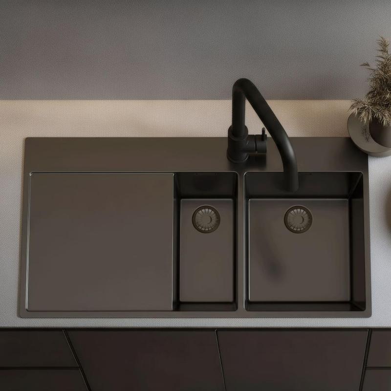 Pure.Sink Exclusivo Gun metal 1,5  pomivalno korito z odkapnim delom 100x52 cm Tapwing desno PEX3418100RT-61