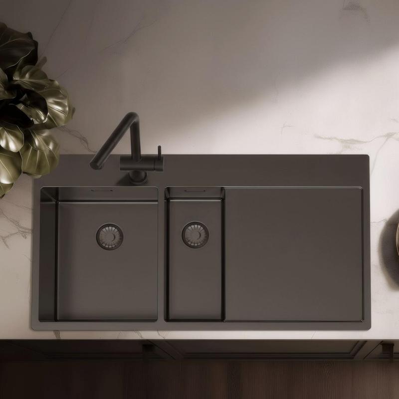 Pure.Sink Exclusivo Gun metal 1,5  pomivalno korito z odkapnim delom 100x52 cm Tapwing levo PEX3418100LT-61