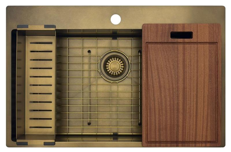 Pure.Sink Luxion Velika PVD antik bronasta pomivalna korita 78x50 cm Tapwing z odprtino za pipo in spodnjim predalom PLX7850T-64