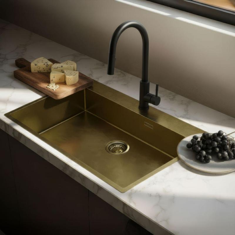 Pure.Sink Luxion Velika PVD antik bronasta pomivalna korita 78x50 cm Tapwing z odprtino za pipo in spodnjim predalom PLX7850T-64